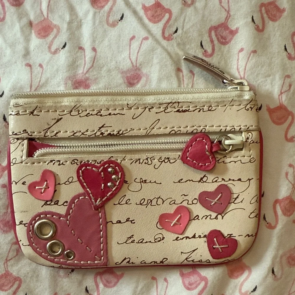 Chic Cream and Pink Heart Women's Fossil Pouch - Picture 1 of 3